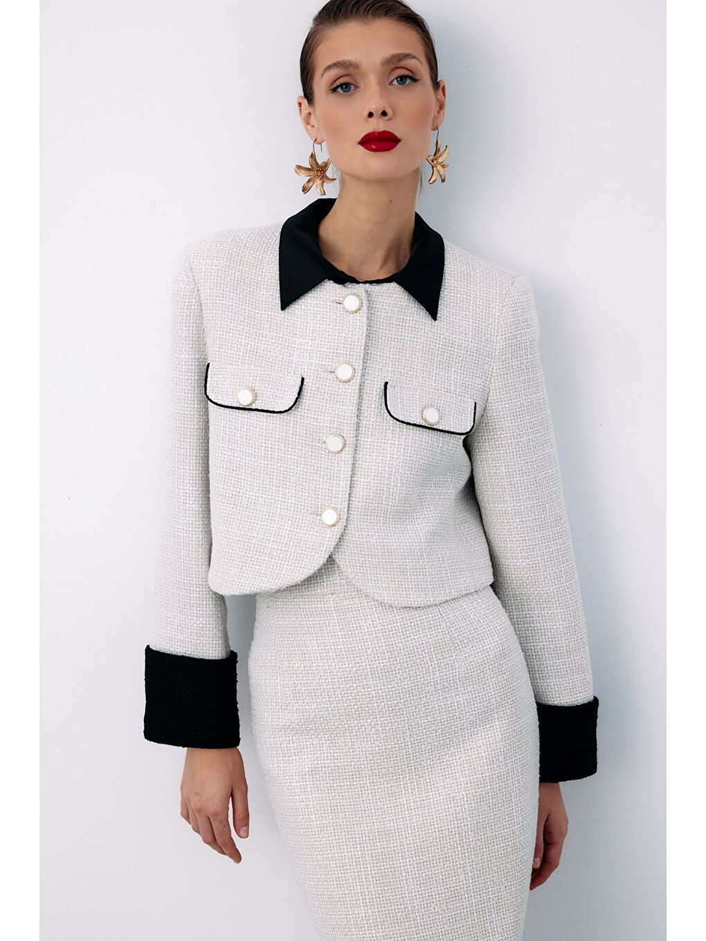 Bej Kontrast Kısa Tüvit Ceket - Taş