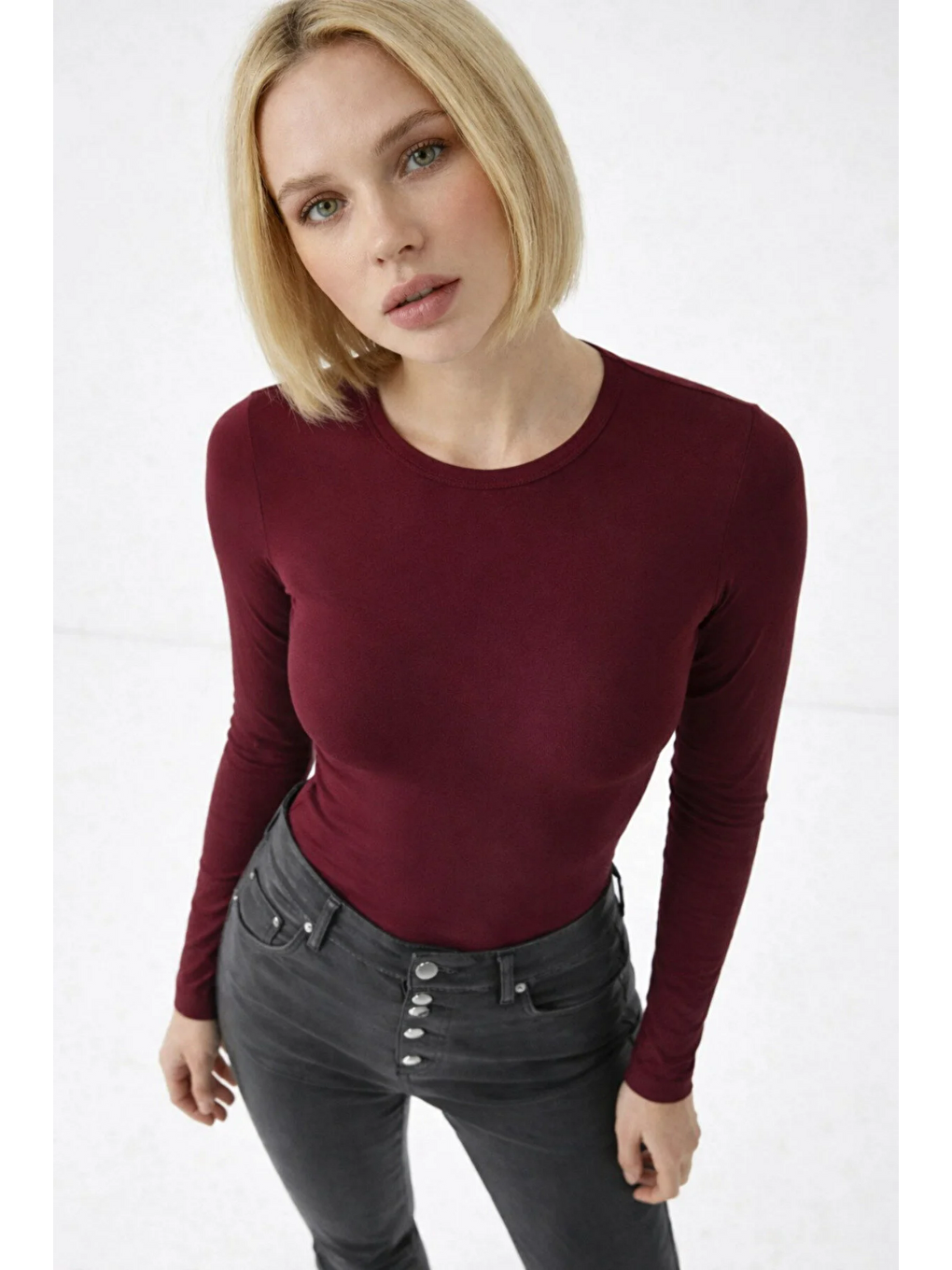 Kadın Günlük Fashion Dar Bordo Tişört