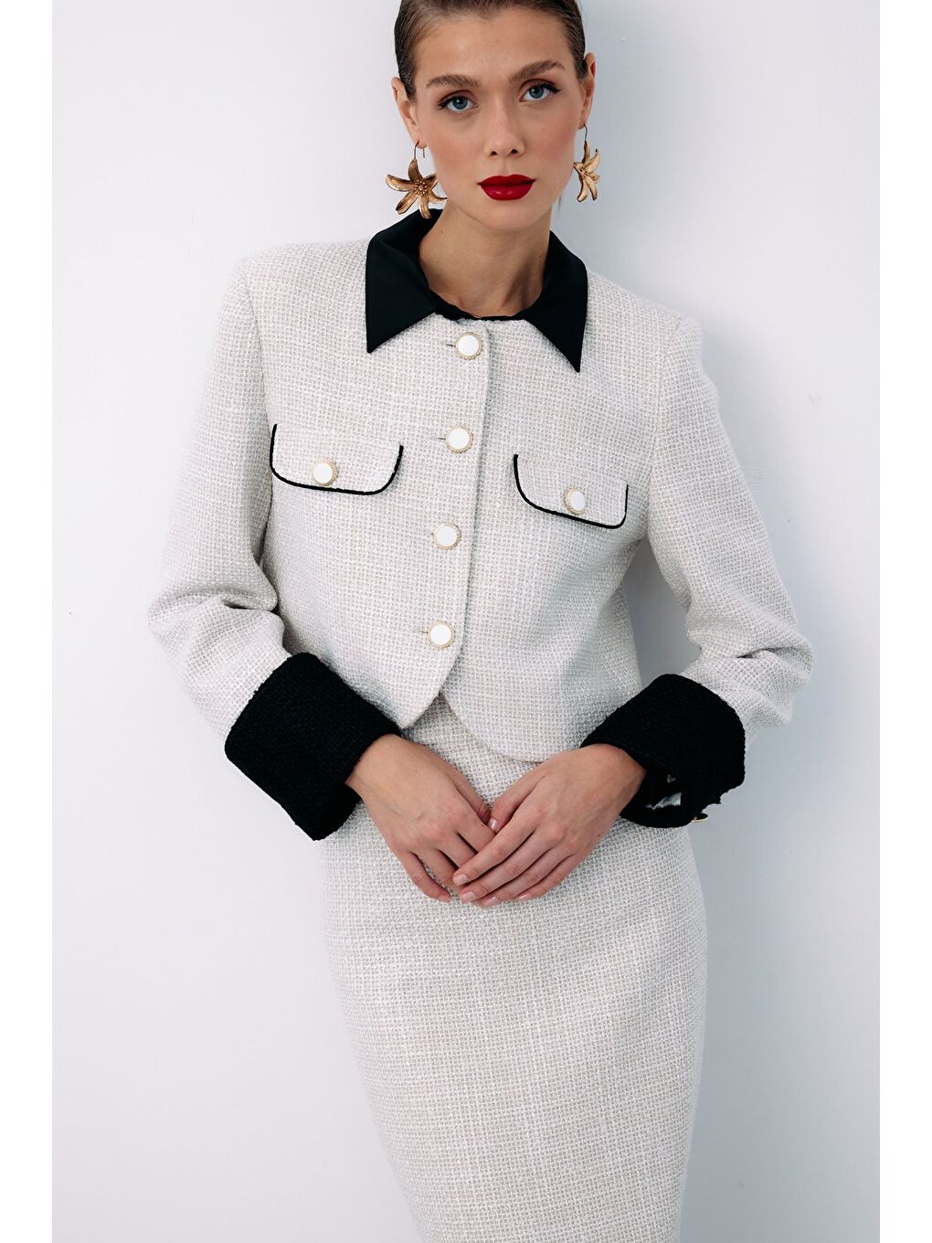 Bej Kontrast Kısa Tüvit Ceket - Taş-1