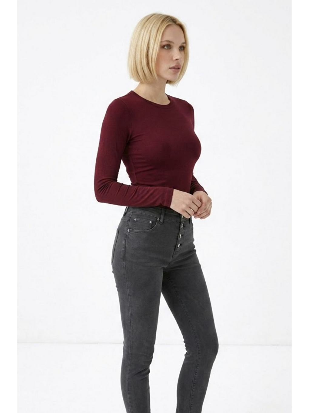 Kadın Günlük Fashion Dar Bordo Tişört-1