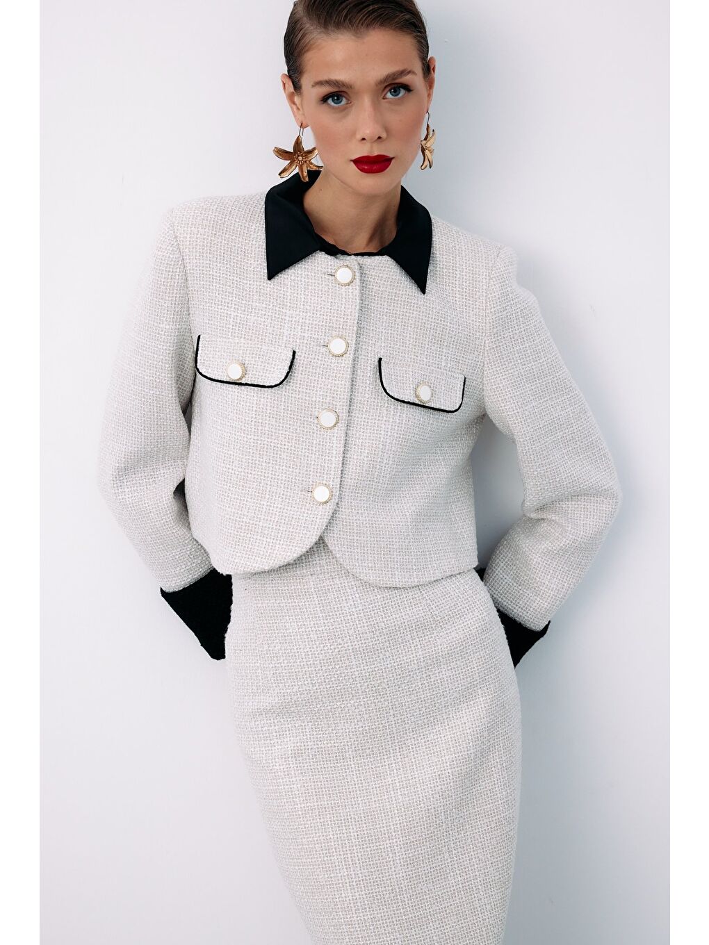 Bej Kontrast Kısa Tüvit Ceket - Taş-2