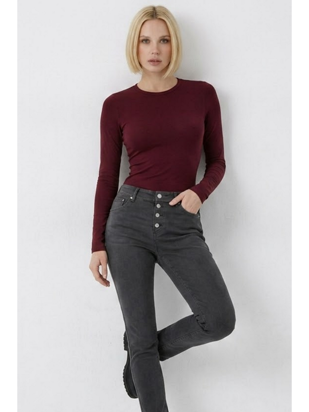 Kadın Günlük Fashion Dar Bordo Tişört-2