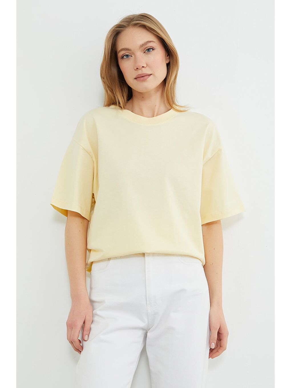 Sarı Basic Bisiklet Yaka Oversize Tişört-2