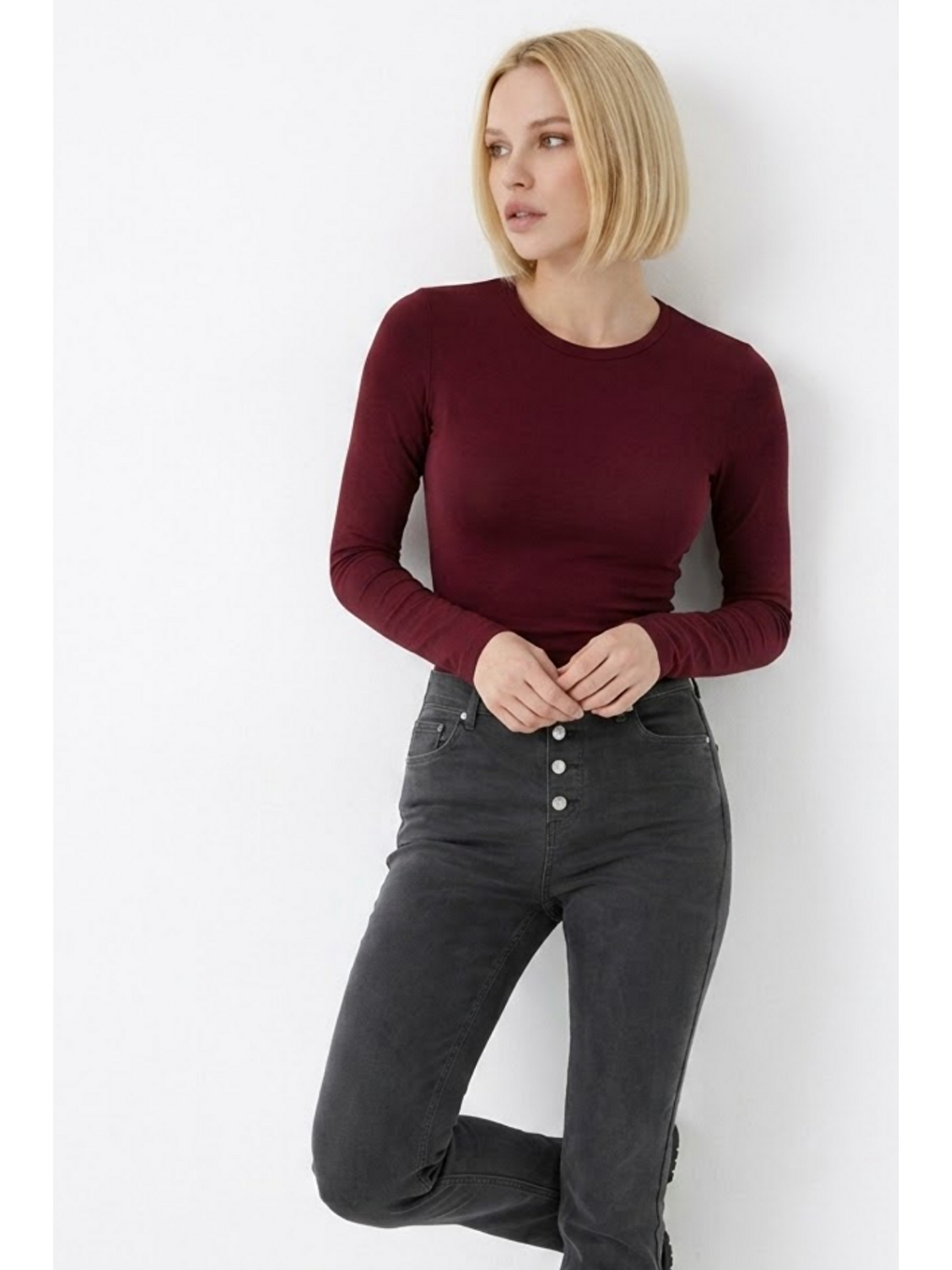 Kadın Günlük Fashion Dar Bordo Tişört-3