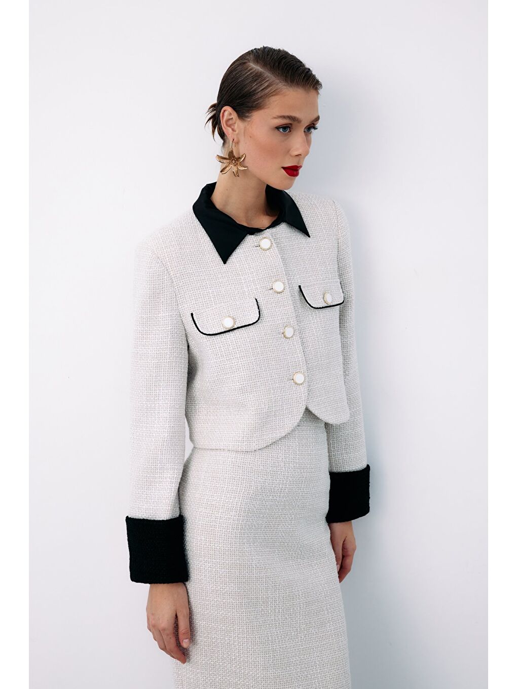 Bej Kontrast Kısa Tüvit Ceket - Taş-4