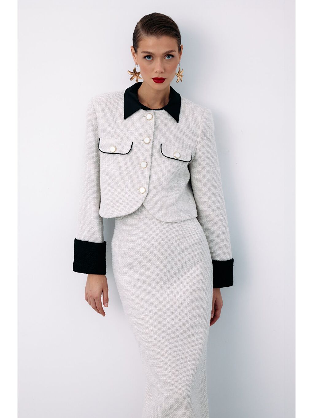 Bej Kontrast Kısa Tüvit Ceket - Taş-5