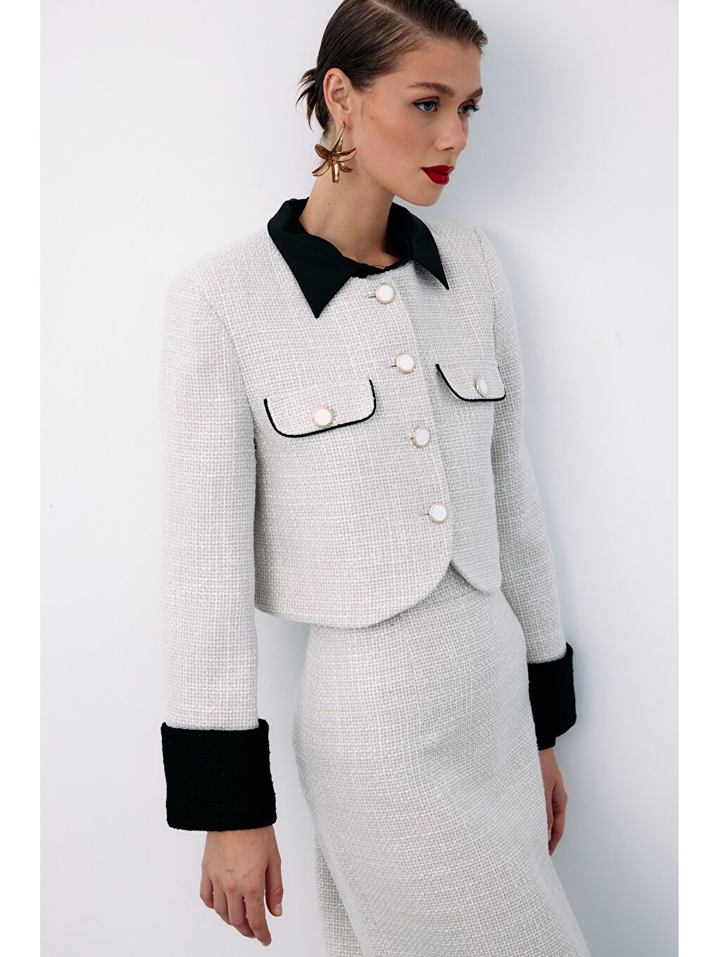 Bej Kontrast Kısa Tüvit Ceket - Taş-7