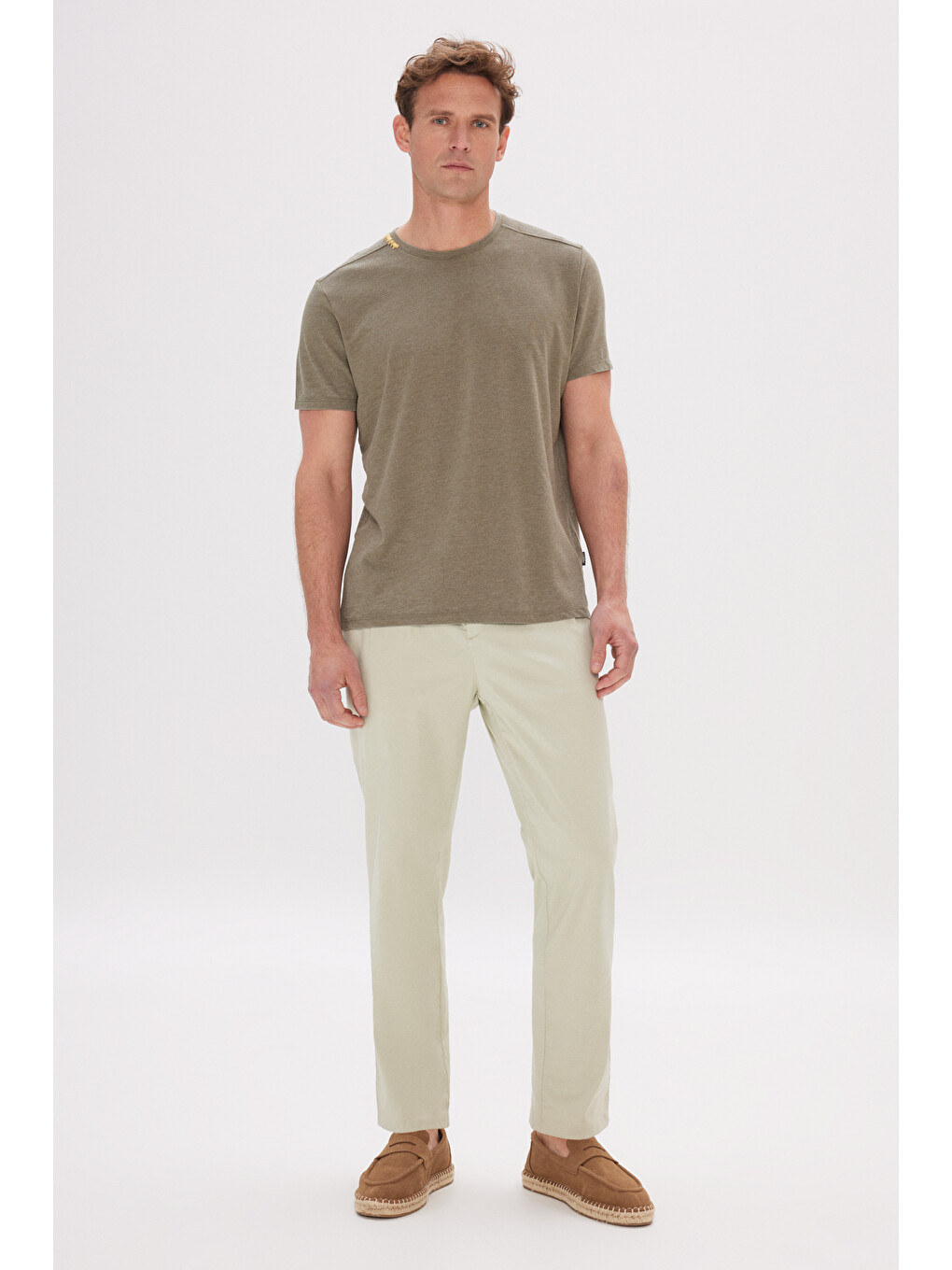 Erkek Haki Slim Fit Dar Kesim Bisiklet Yaka Pamuklu Tişört-1