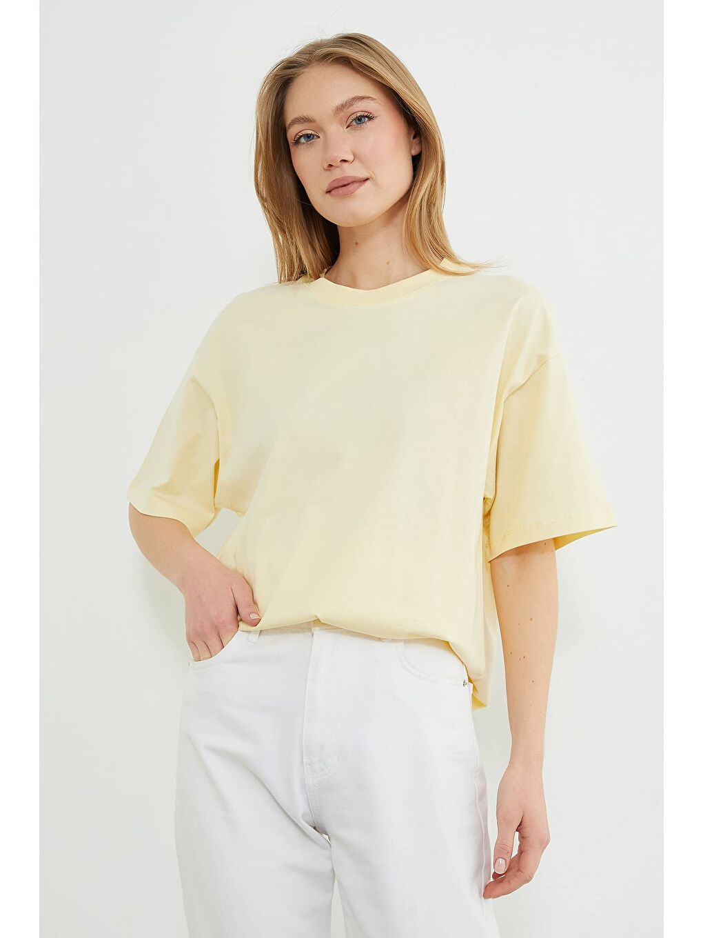 Sarı Basic Bisiklet Yaka Oversize Tişört-4
