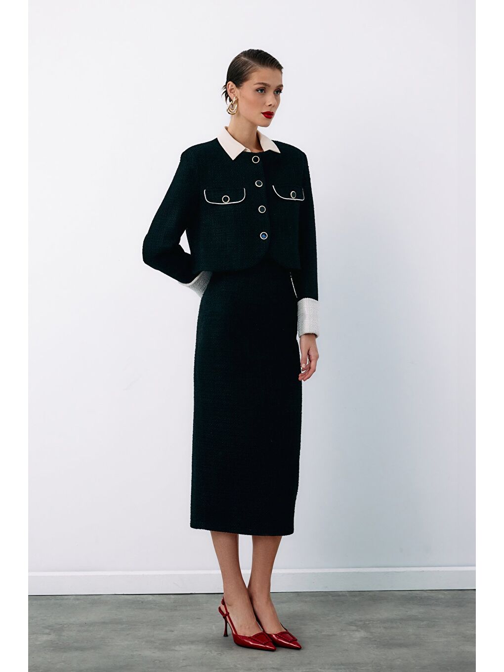 Kontrast Kısa Tüvit Ceket - Siyah-3