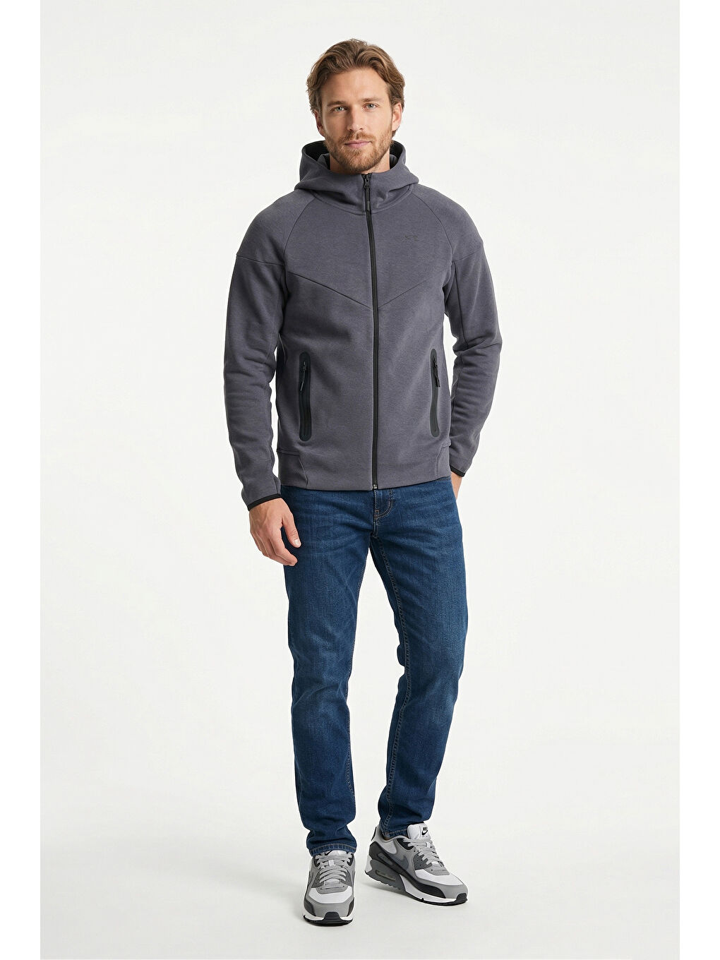 Gri Erkek İçi Şardonlu Kapüşonlu Sweatshirt 7097 Füme-3