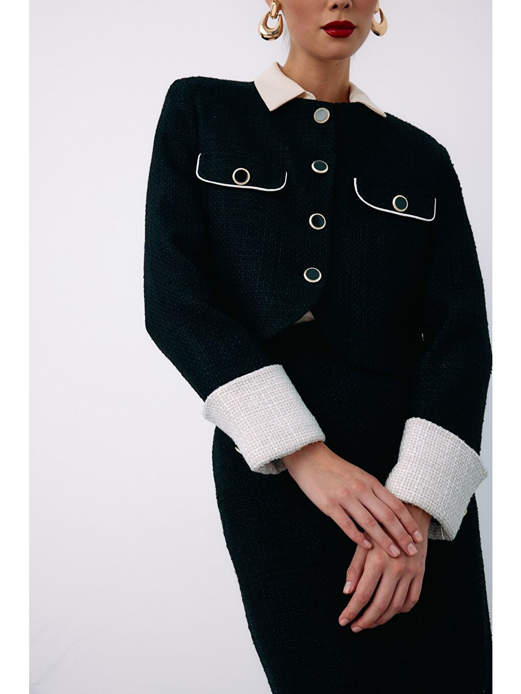 Kontrast Kısa Tüvit Ceket - Siyah-5