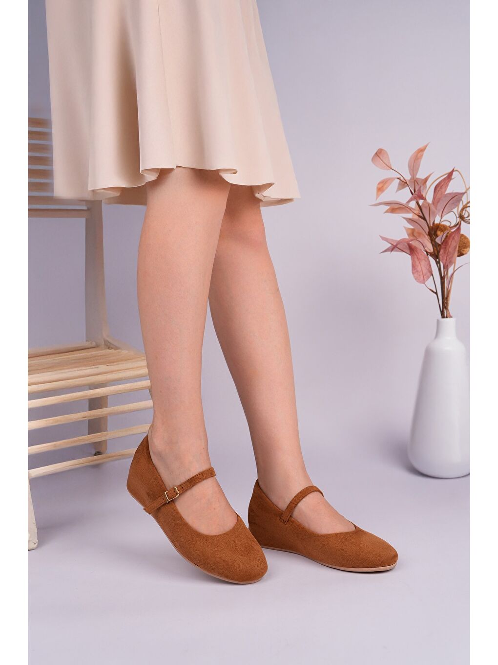 Kahverengi BERNY Gizli Topuklu Deri Tek Bantlı Kadın Babet-4