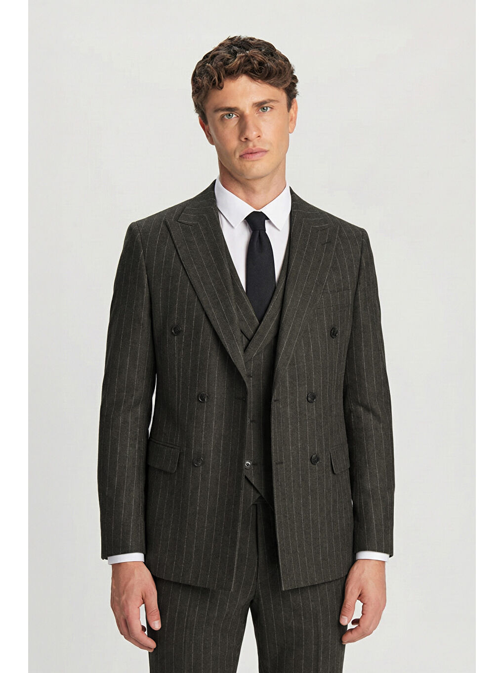Giotelli Haki Regular Fit Çizgili Desenli Yelekli Kabanlı 4'Lü 6 Drop Erkek Takım Elbise Seti-1