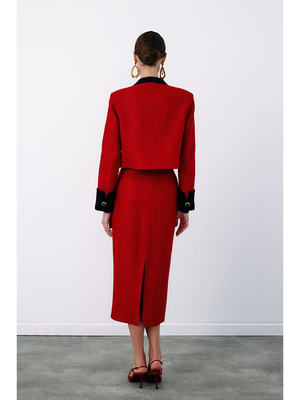 Kontrast Kısa Tüvit Ceket - Kırmızı-1