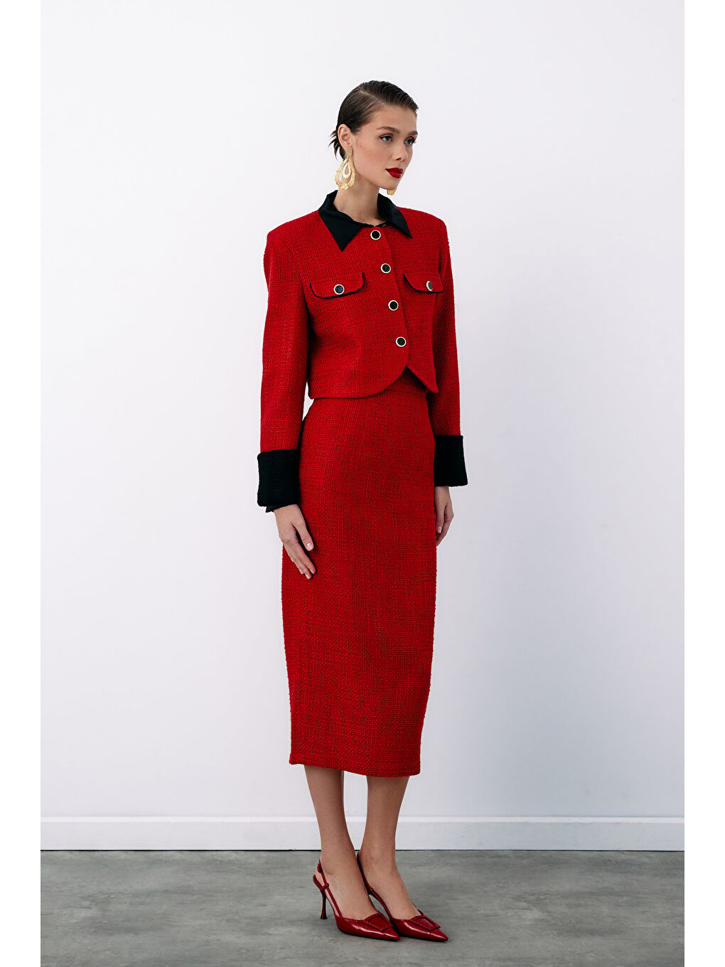 Kontrast Kısa Tüvit Ceket - Kırmızı-2