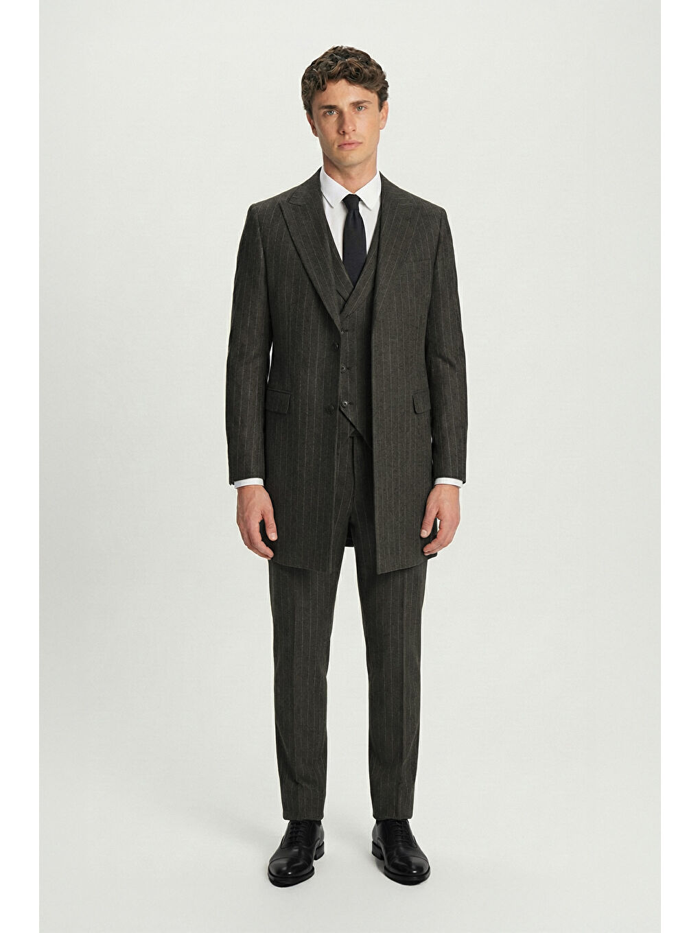 Giotelli Haki Regular Fit Çizgili Desenli Yelekli Kabanlı 4'Lü 6 Drop Erkek Takım Elbise Seti-2