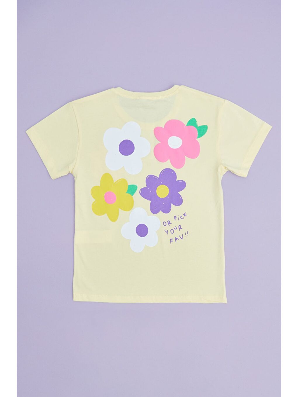 Sarı Çiçek Baskılı Bisiklet Yaka Kız Çocuk Tişört-1