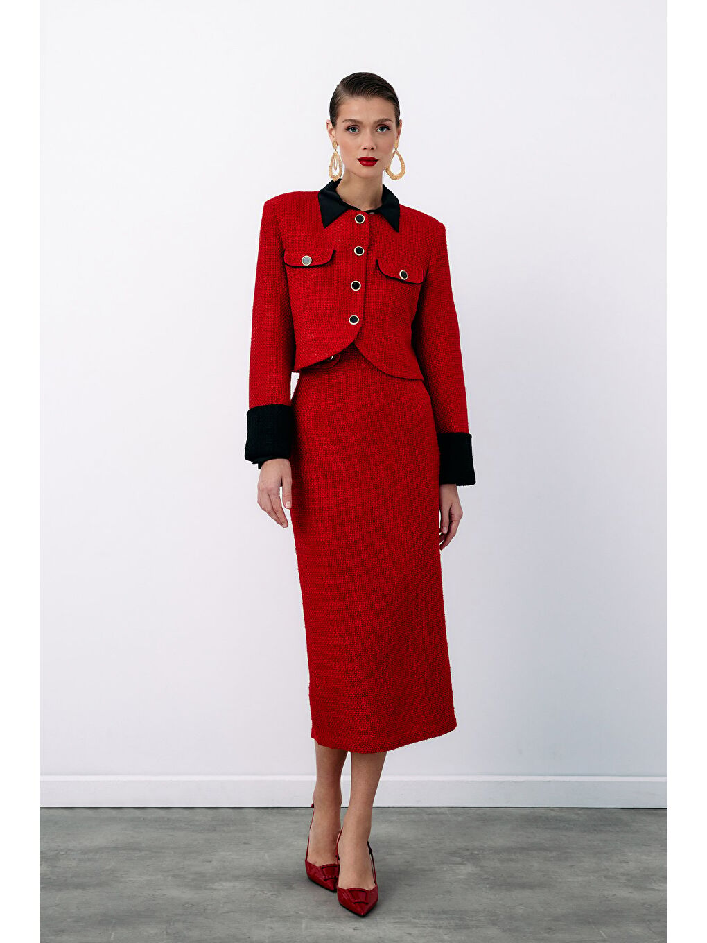 Kontrast Kısa Tüvit Ceket - Kırmızı-3