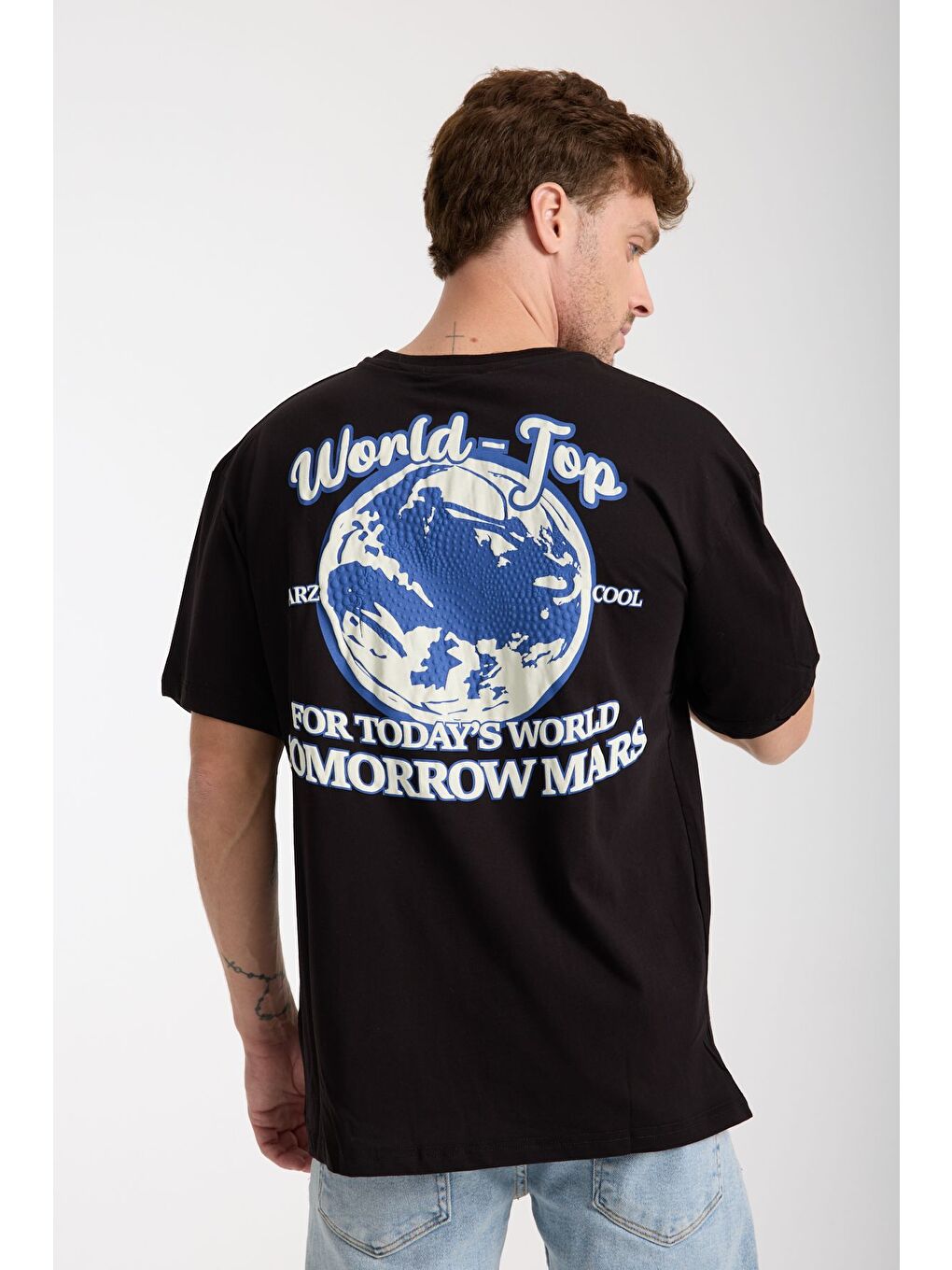 Erkek Siyah World Ön Ve Arka Baskılı Oversize Bisiklet Yaka Tişört