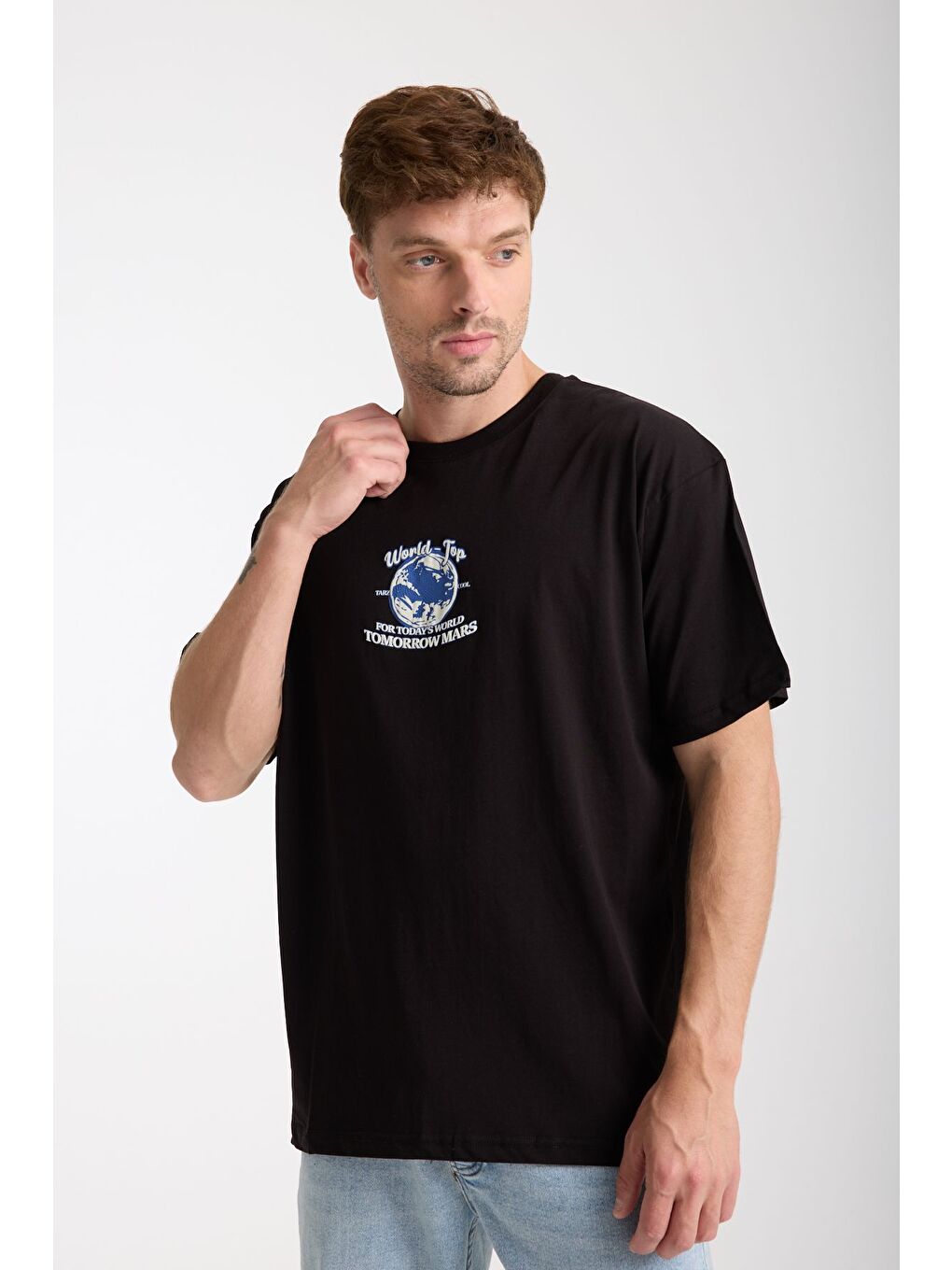 Erkek Siyah World Ön Ve Arka Baskılı Oversize Bisiklet Yaka Tişört-2