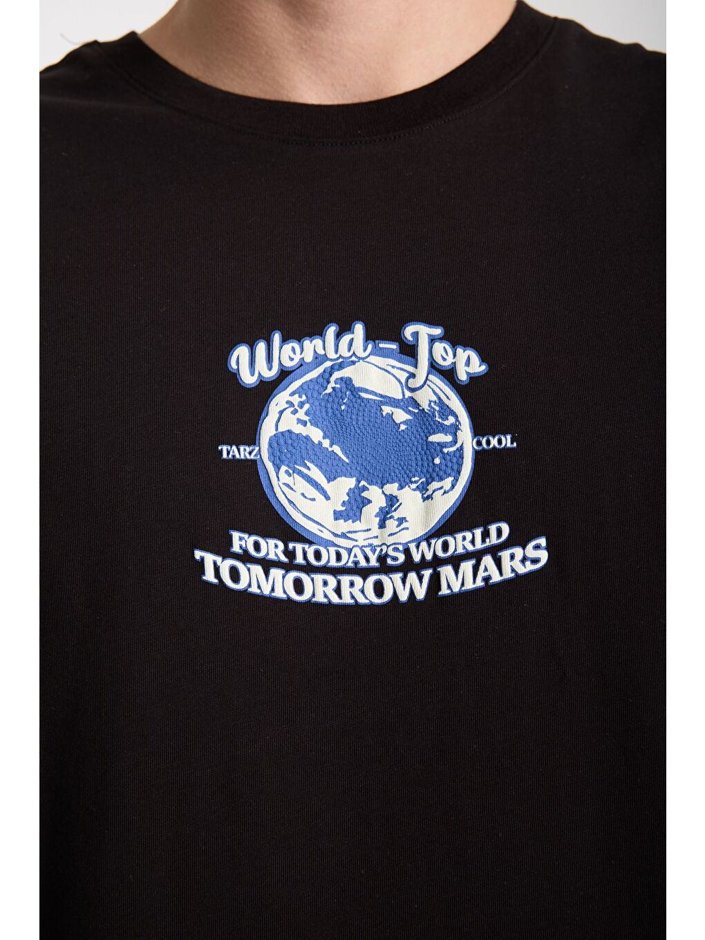 Erkek Siyah World Ön Ve Arka Baskılı Oversize Bisiklet Yaka Tişört-3