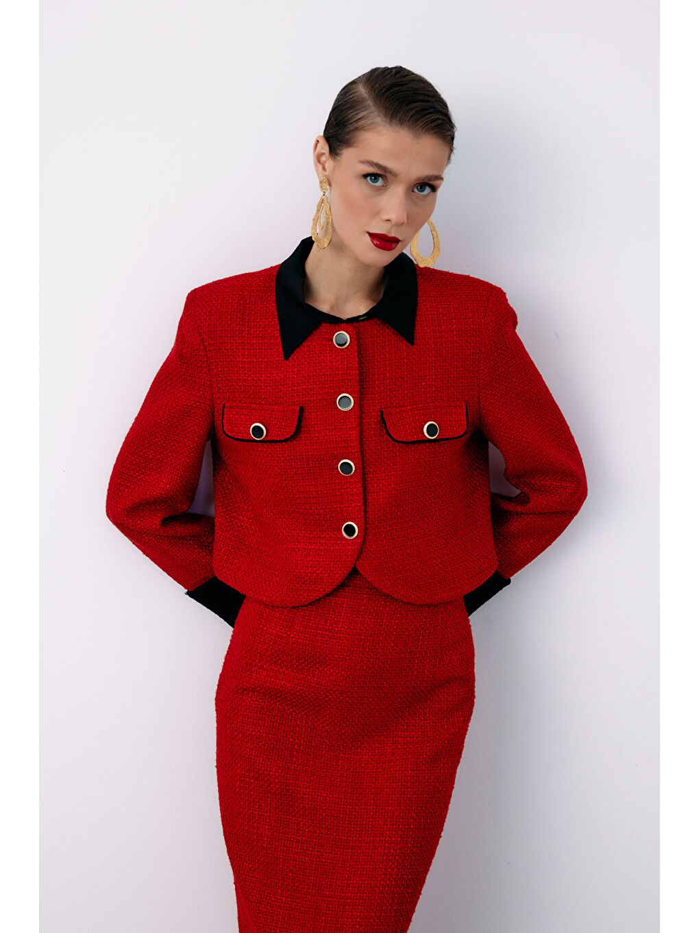Kontrast Kısa Tüvit Ceket - Kırmızı-4