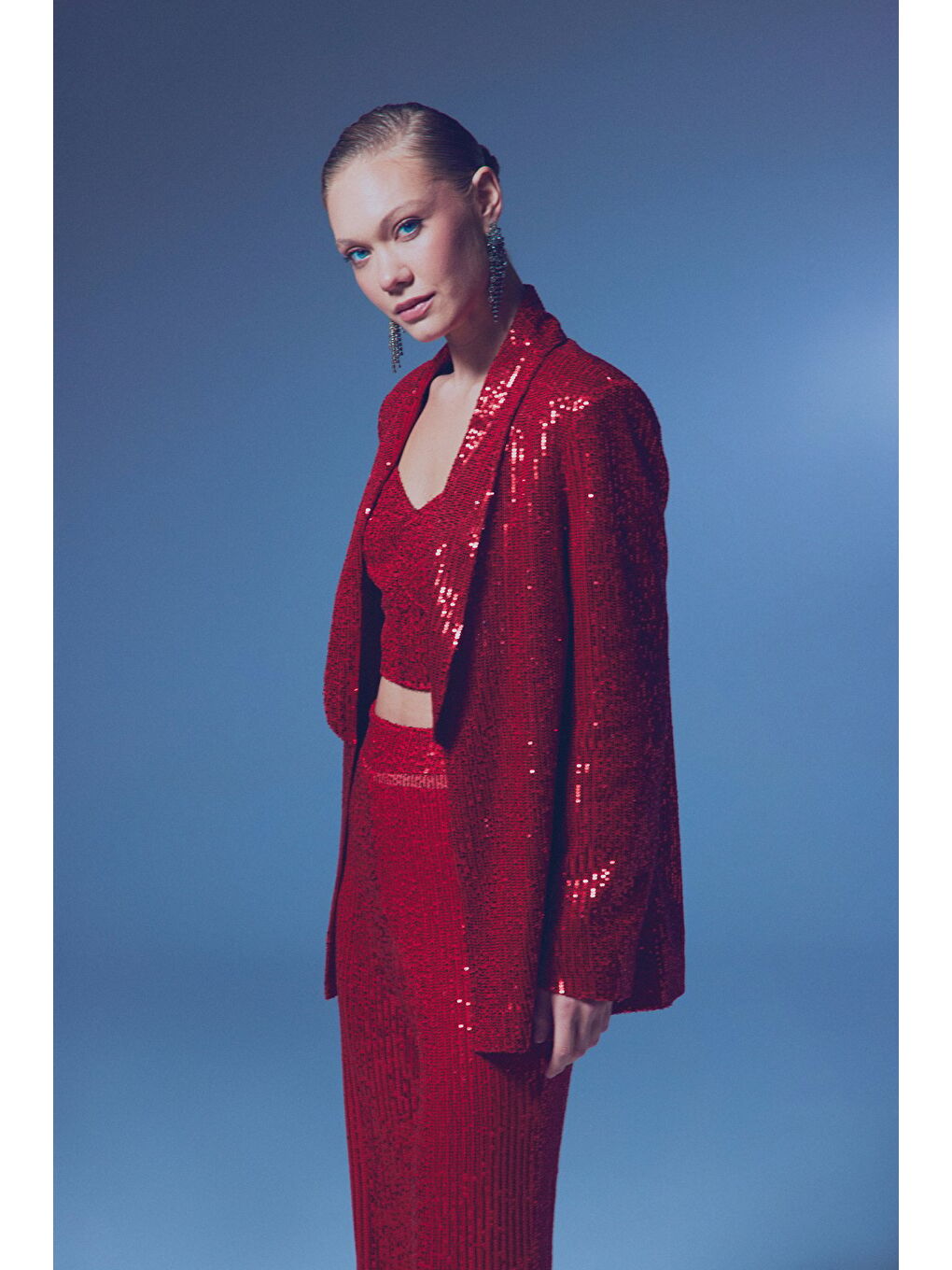 Payetli Salaş Ceket - Kırmızı-5