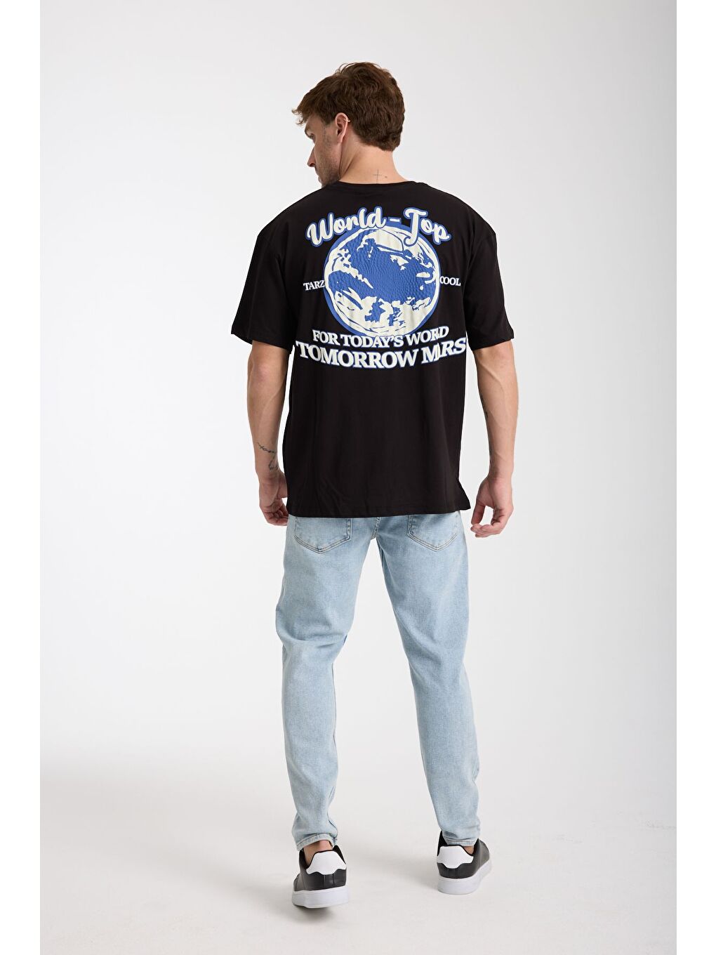 Erkek Siyah World Ön Ve Arka Baskılı Oversize Bisiklet Yaka Tişört-5