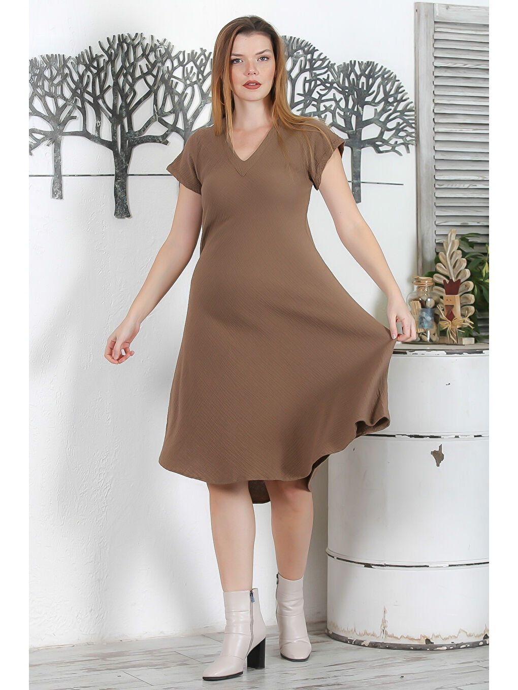 Kahverengi Açık Kahve V Yaka Düşük Kol Casual Müslin Dokuma Elbise-2