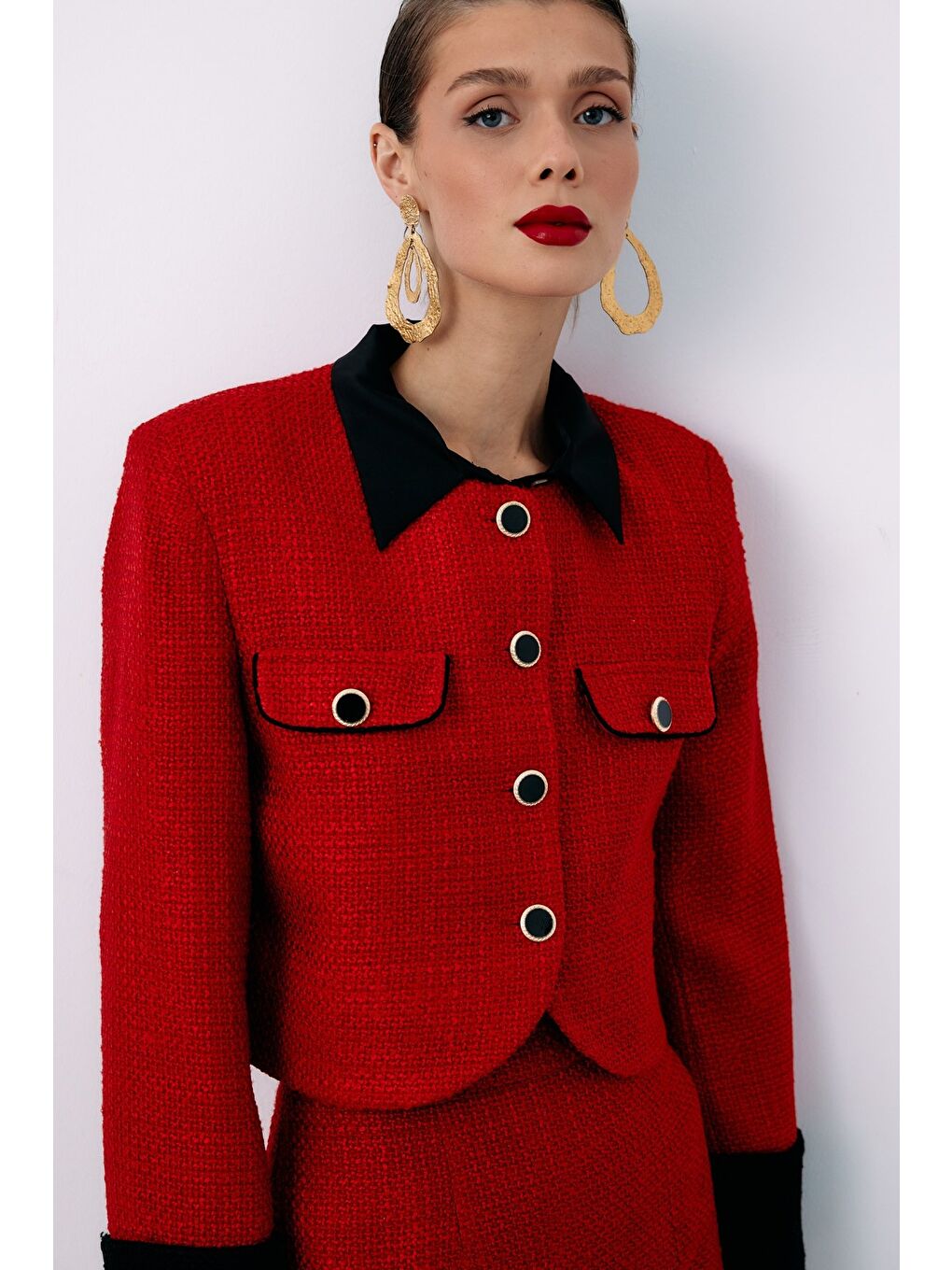 Kontrast Kısa Tüvit Ceket - Kırmızı-5