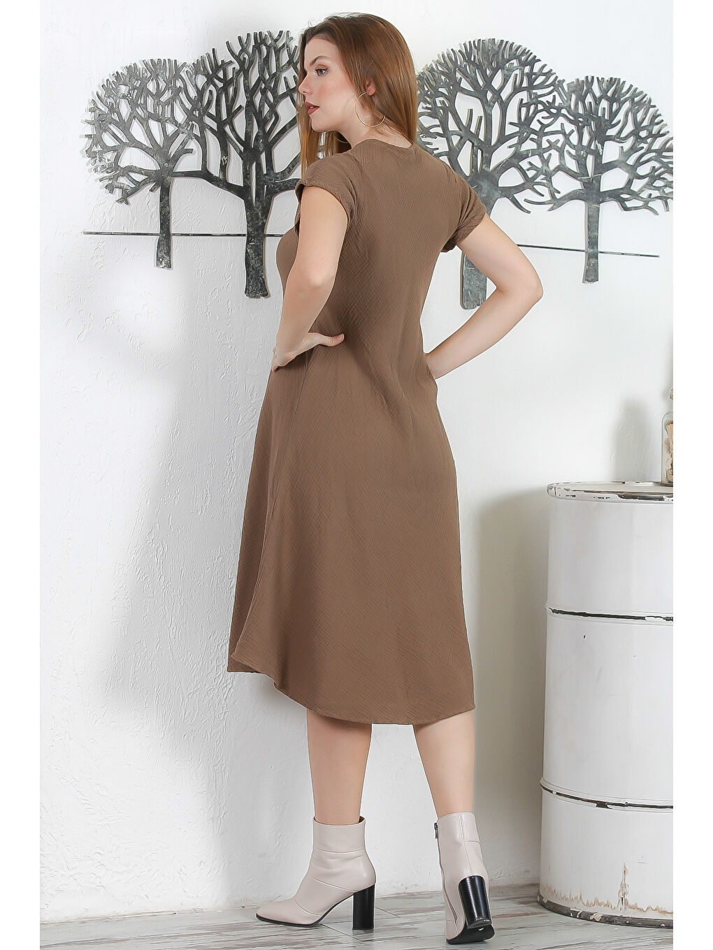 Kahverengi Açık Kahve V Yaka Düşük Kol Casual Müslin Dokuma Elbise-7