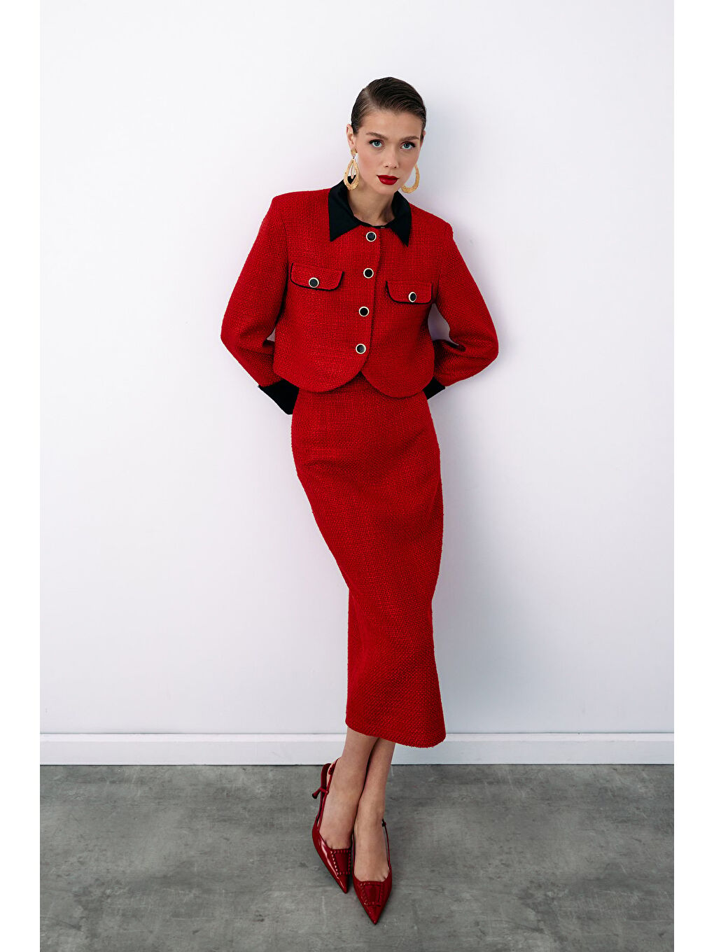 Kontrast Kısa Tüvit Ceket - Kırmızı-6