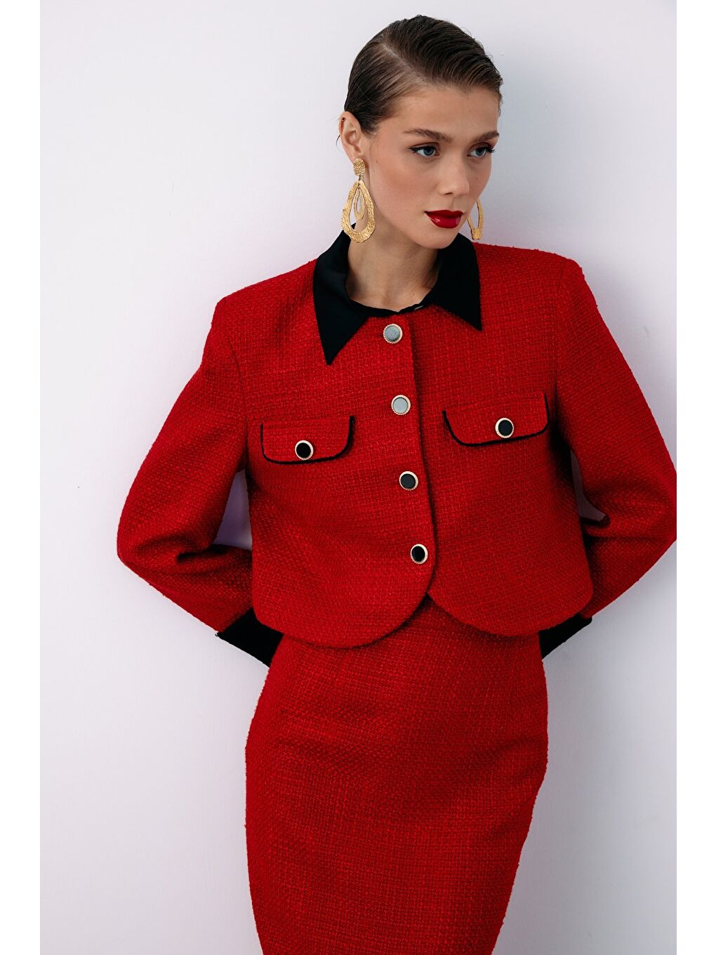 Kontrast Kısa Tüvit Ceket - Kırmızı-7