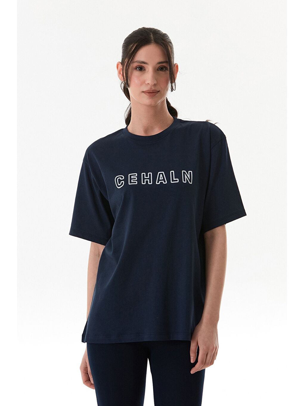 Lacivert Cehaln Yazı Baskılı Oversize Tişört