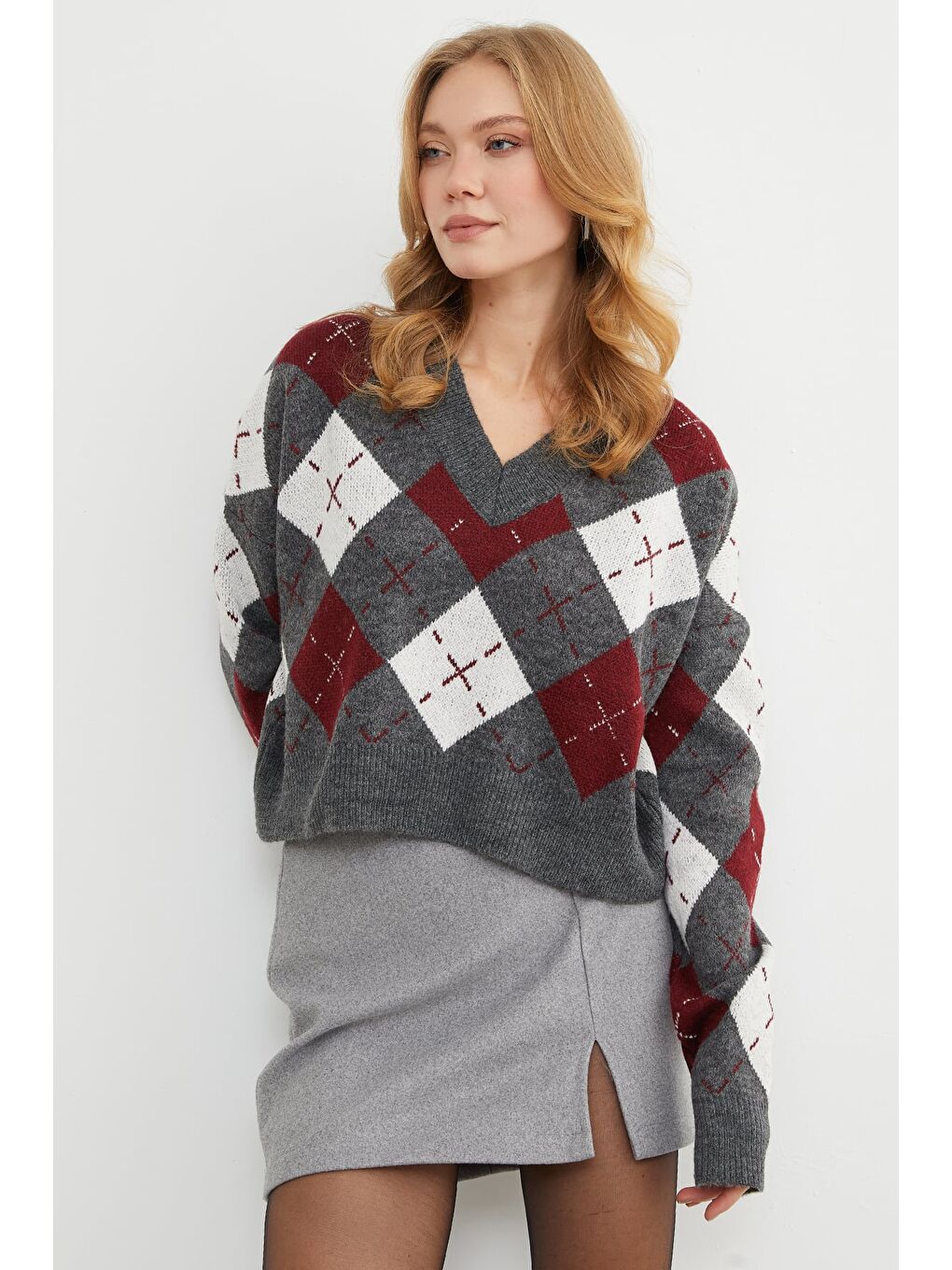 Bordo Baklava Desenli V Yaka Triko Kazak-2