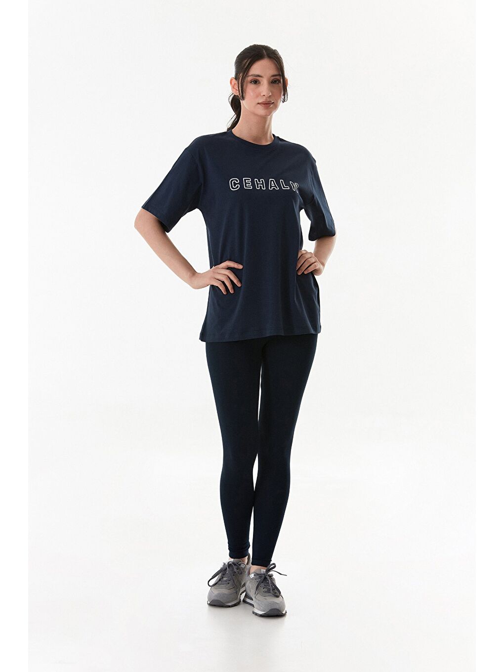 Lacivert Cehaln Yazı Baskılı Oversize Tişört-1