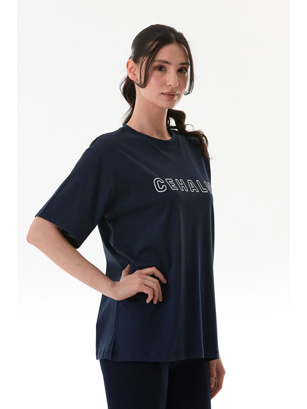 Lacivert Cehaln Yazı Baskılı Oversize Tişört-3