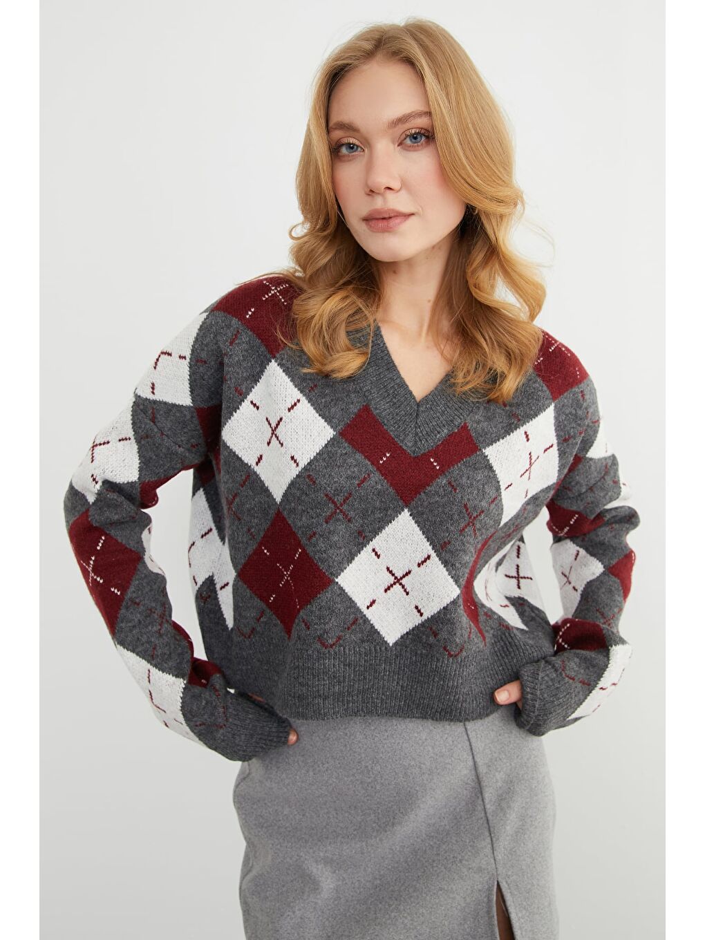 Bordo Baklava Desenli V Yaka Triko Kazak-3