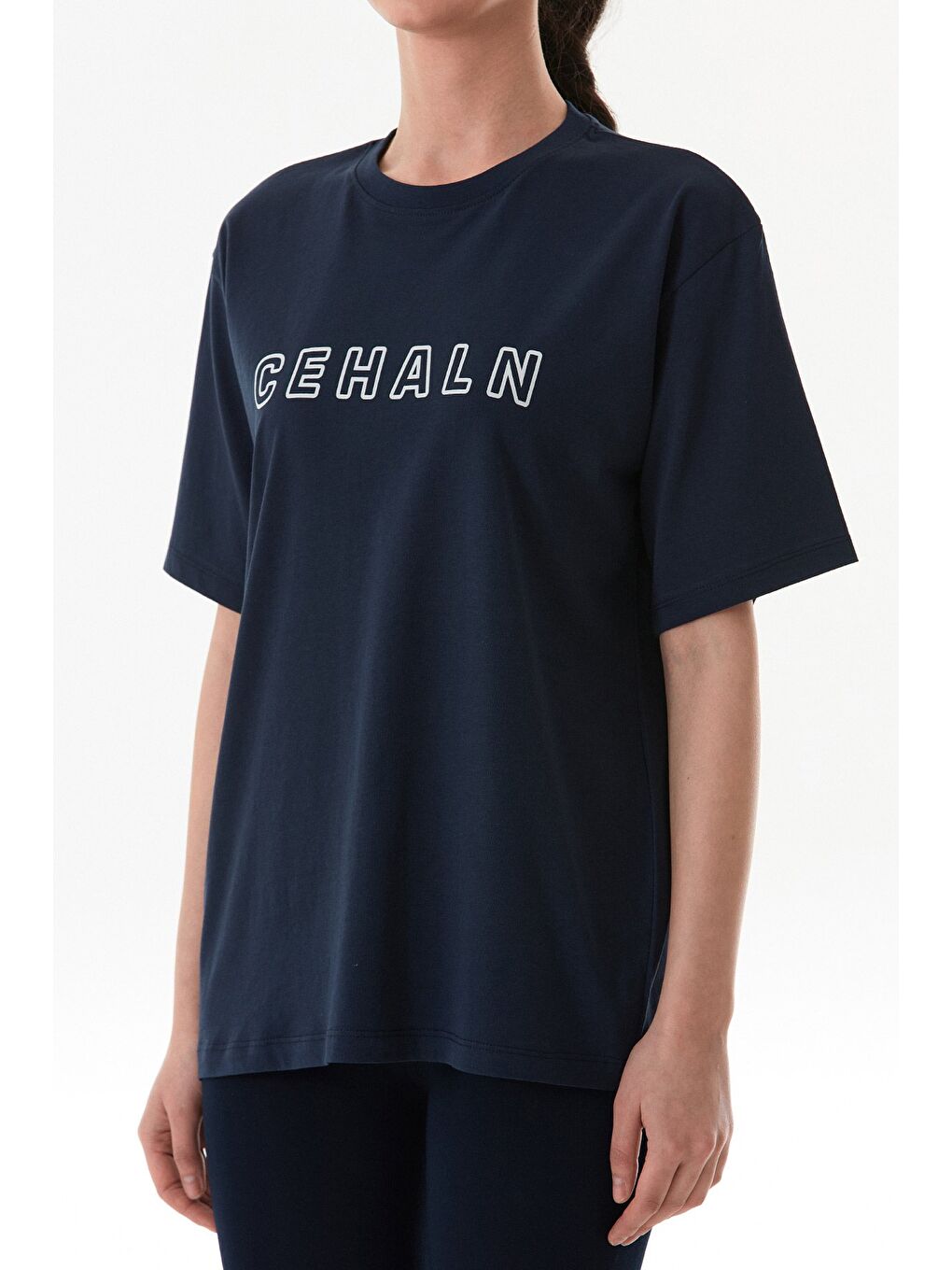 Lacivert Cehaln Yazı Baskılı Oversize Tişört-4