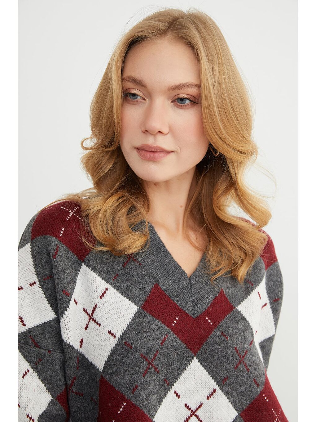 Bordo Baklava Desenli V Yaka Triko Kazak-4