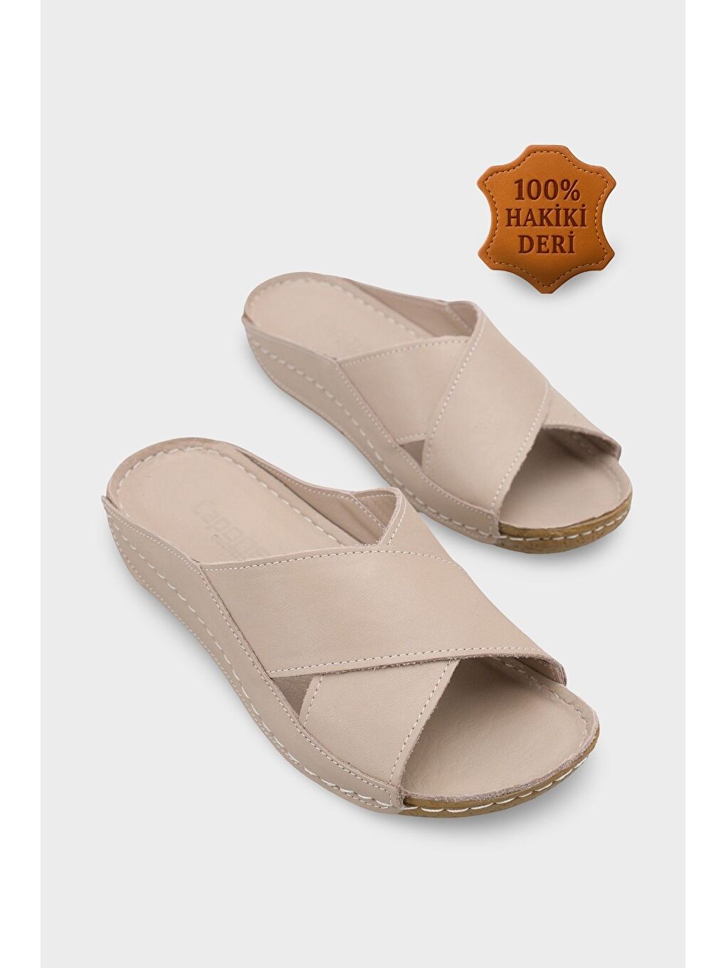 Bej Sophi Hakiki Deri Soft Konfor Kadın Terlik-1