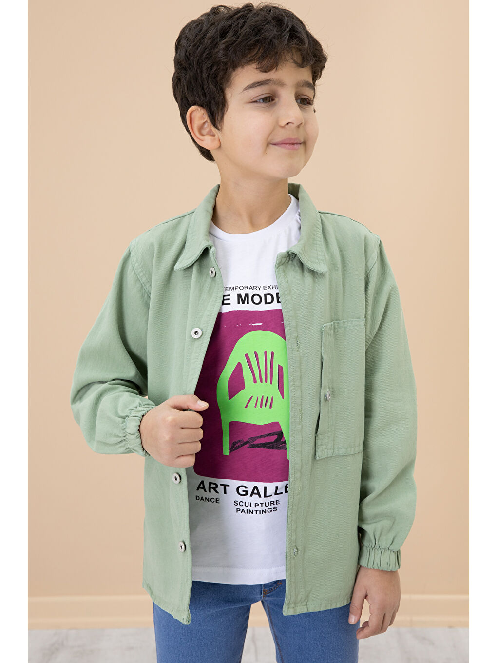 Erkek Çocuk Yeşil Baskılı Tişörtlü Jean Gömlekli 2li Takım 20029