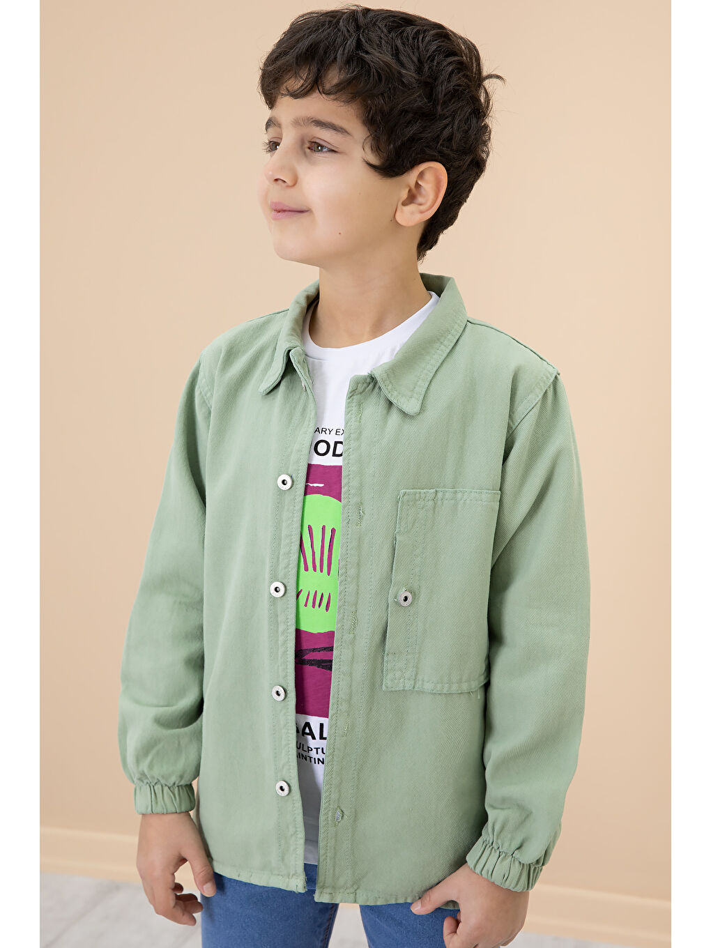 Erkek Çocuk Yeşil Baskılı Tişörtlü Jean Gömlekli 2li Takım 20029-1