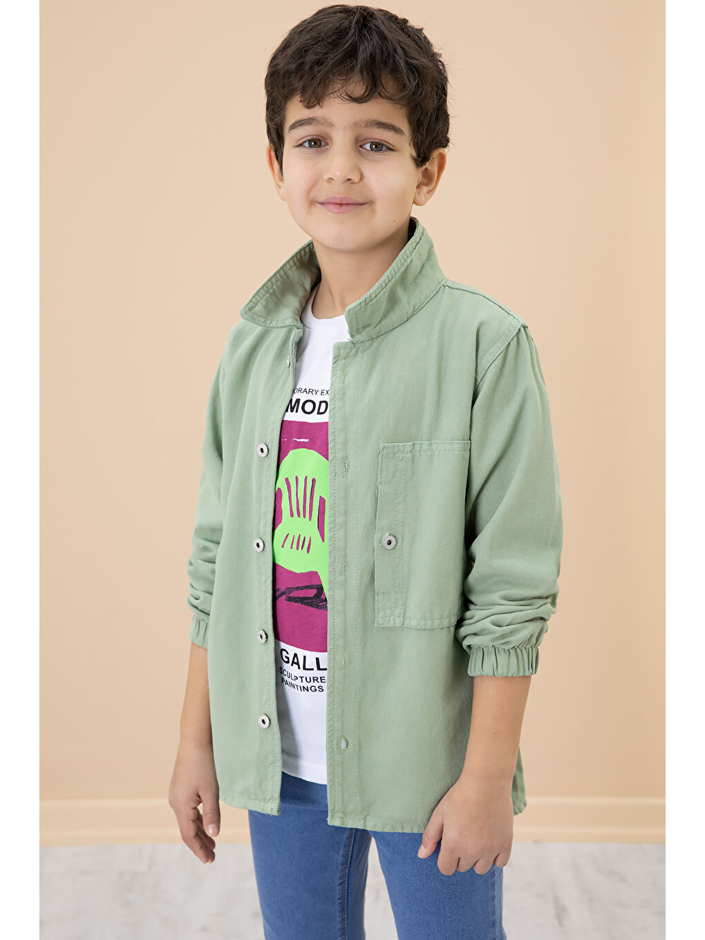 Erkek Çocuk Yeşil Baskılı Tişörtlü Jean Gömlekli 2li Takım 20029-2