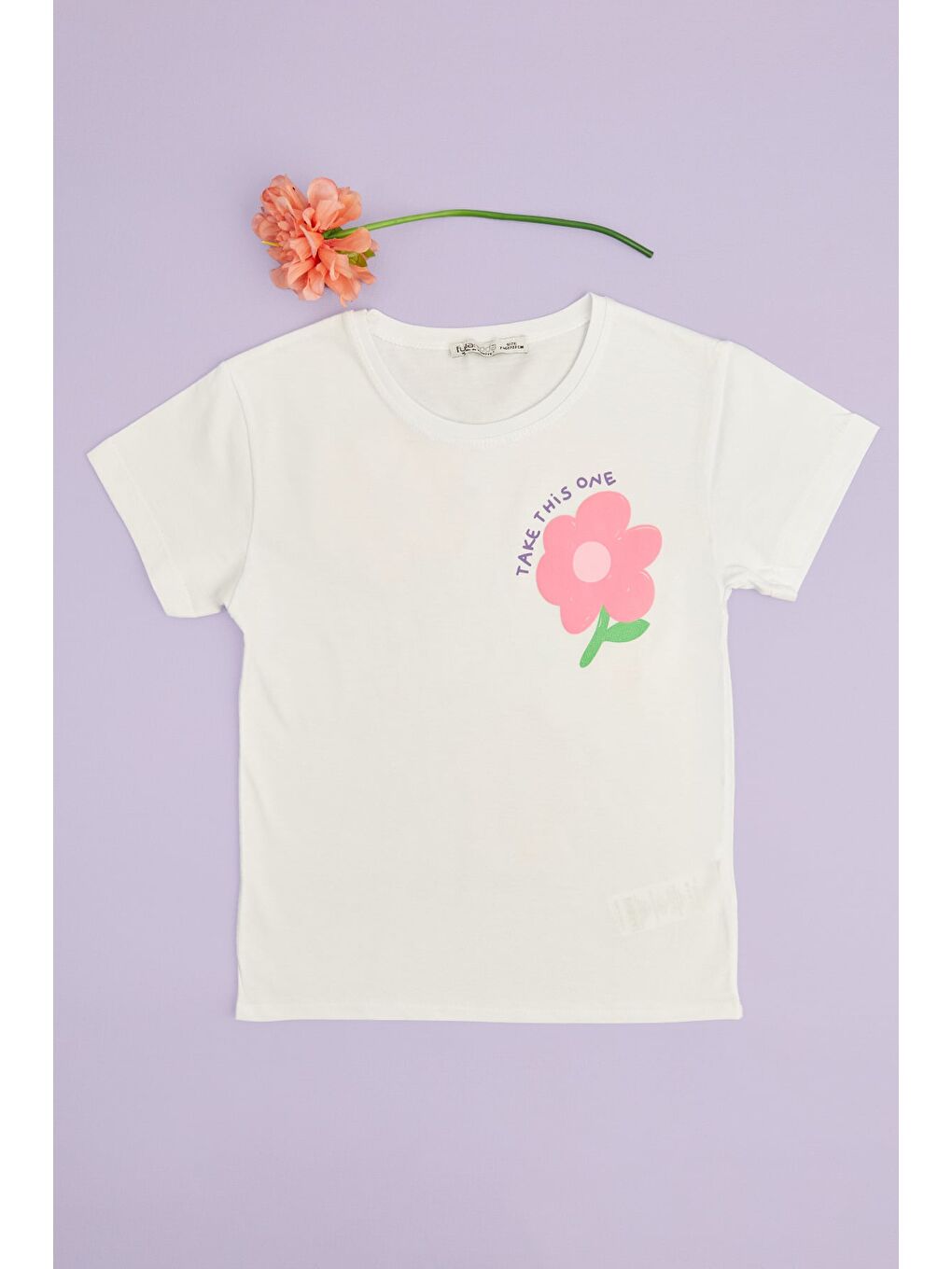 Ekru Çiçek Baskılı Bisiklet Yaka Kız Çocuk Tişört