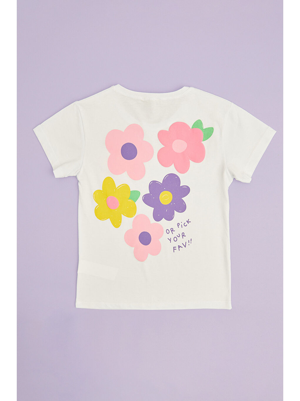 Ekru Çiçek Baskılı Bisiklet Yaka Kız Çocuk Tişört-1