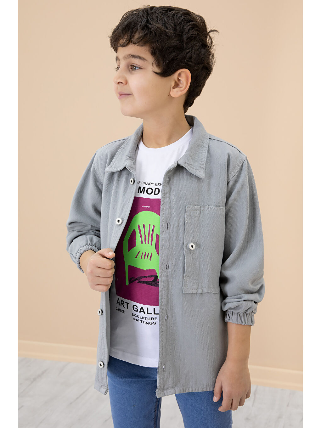 Erkek Çocuk Gri Baskılı Tişörtlü Jean Gömlekli 2li Takım 20030-1