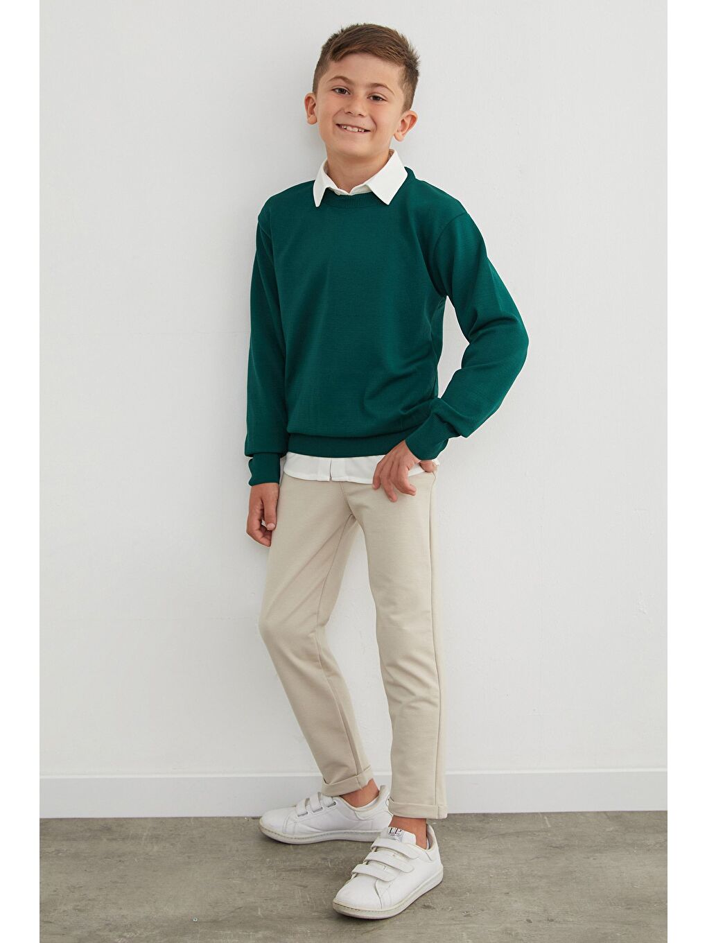 Yeşil Basic Bisiklet Yaka Erkek Çocuk Triko Kazak-1