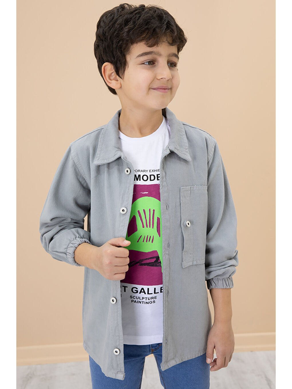 Erkek Çocuk Gri Baskılı Tişörtlü Jean Gömlekli 2li Takım 20030-4